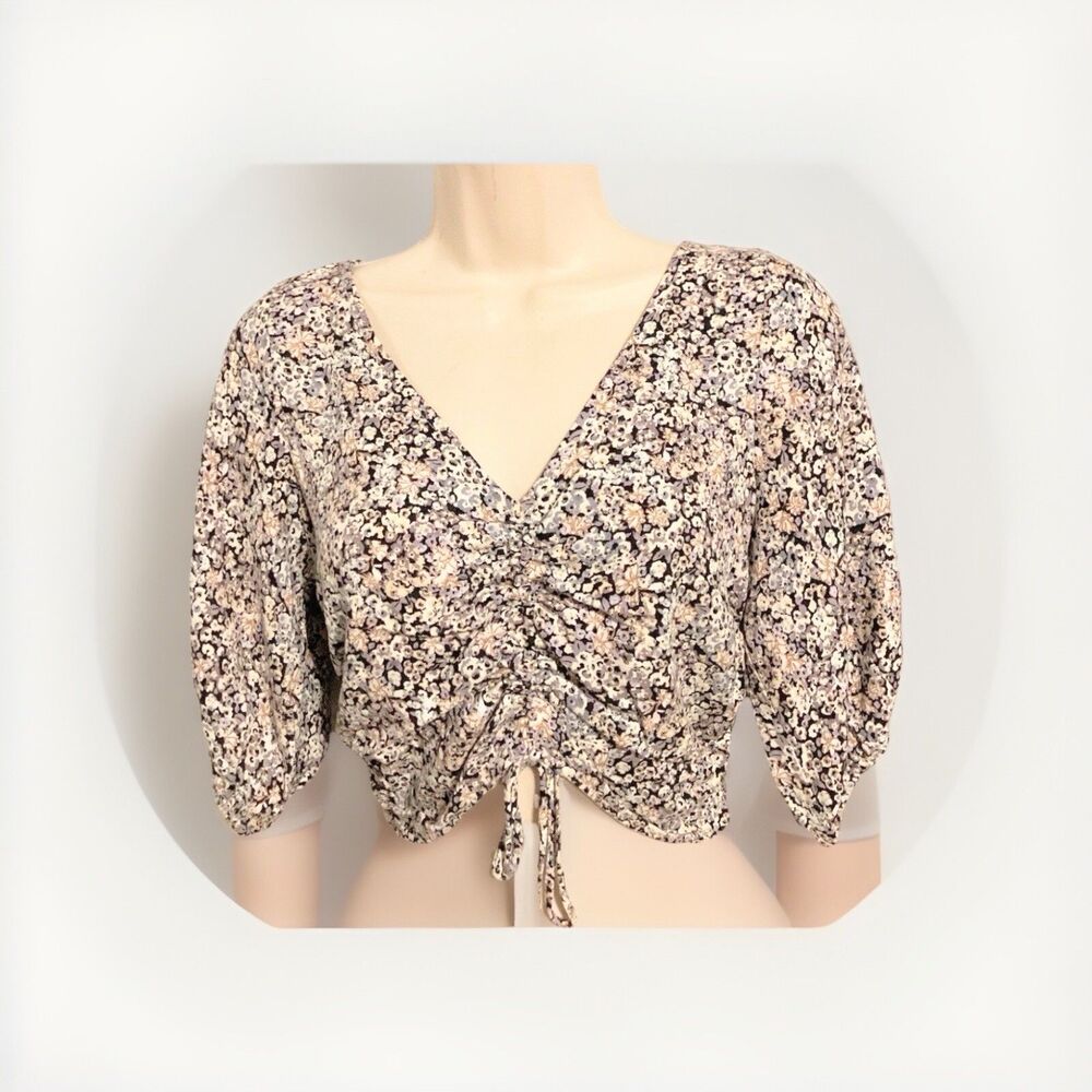 Lush Crop Smocked Top Puffed Sleeve Black Purple Rayon Size S Women’s